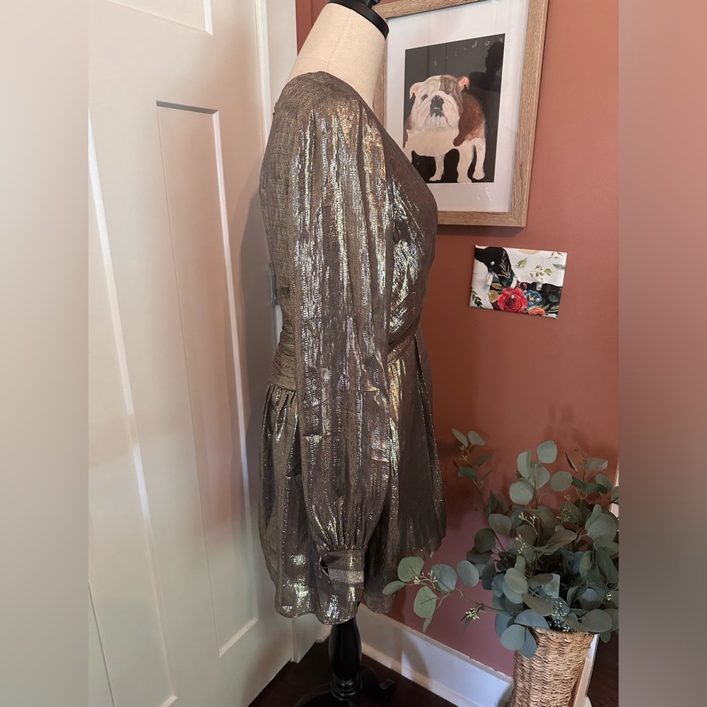 Ramy Brook Elise mini deep V plunge mini silk metallic draped lined 6 dress - Picture 6 of 15